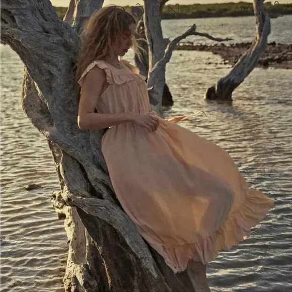 DOEN Sycamore Ruffled Silk Tiered Maxi Dress Size Small Sunlit Coral Peasant - Picture 2 of 13